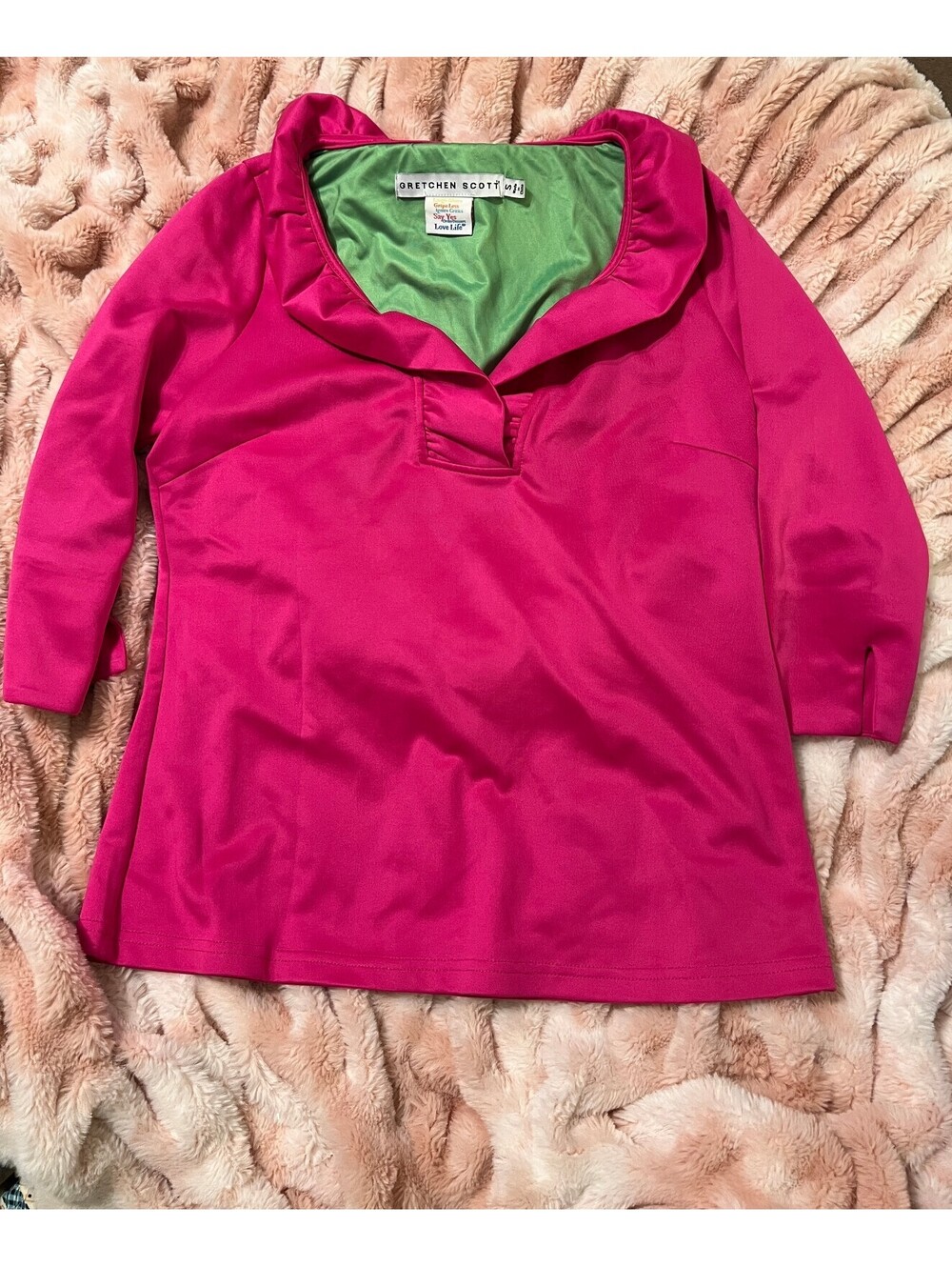 Gretchen Scott Pink Long Sleeve Tunic Top Small Ruffle Collar Green Lining
